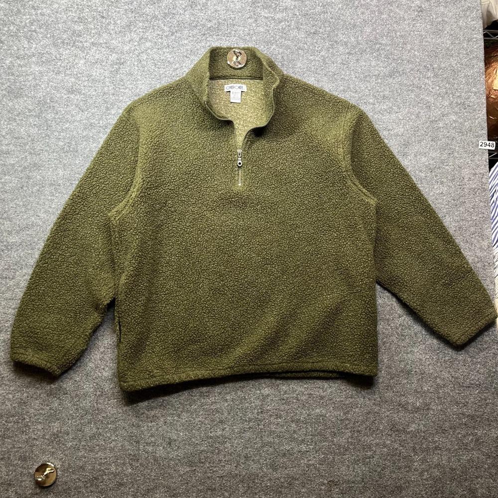 Cherokee Sherpa Fleece Quarter‎ Zip Jacket Men's Green Winter Outdoor - Large